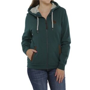 Cinch Ladies Faux Leather & Dark Green Full Zip Hoodie Size XL